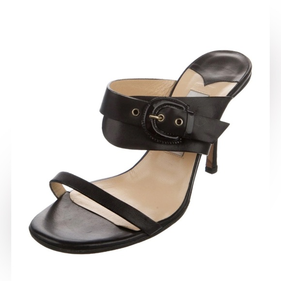 JIMMY CHOO EU 40 Open Toe Ankle Strap BLACK LEATHER SANDALS Heels US 9-9.5 Italy - Picture 1 of 8